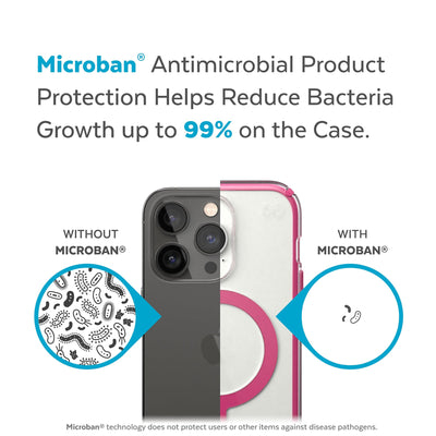 Back view, half without case, other with case, less germs on case - Microban antimicrobial product protection helps reduce bacteria growth up to 99% on the case.#color_clear-digital-pink