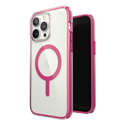 Three-quarter view of back of phone case simultaneously shown with three-quarter front view of phone case#color_clear-digital-pink