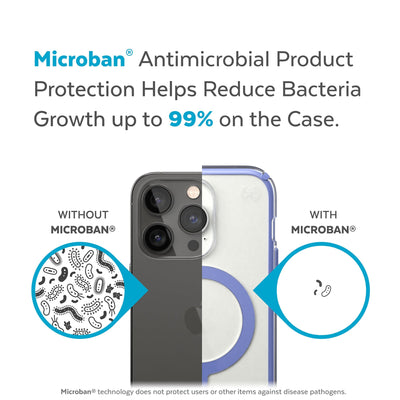 Back view, half without case, other with case, less germs on case - Microban antimicrobial product protection helps reduce bacteria growth up to 99% on the case.#color_clear-grounded-purple