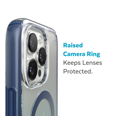 Slightly tilted view of side of phone case showing phone cameras - Raised camera ring keeps lenses protected.#color_clear-coastal-blue