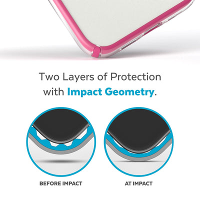 View of corner of phone case impacting ground with illustrations showing before and after impact - Two layers of protection with Impact Geometry.#color_clear-digital-pink