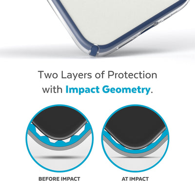View of corner of phone case impacting ground with illustrations showing before and after impact - Two layers of protection with Impact Geometry.#color_clear-coastal-blue