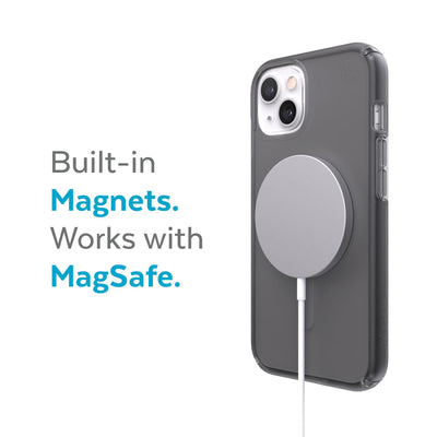 Three-quarter view of back of phone case with MagSafe charger attached - Built-in magnets. Works with MagSafe.#color_obsidian