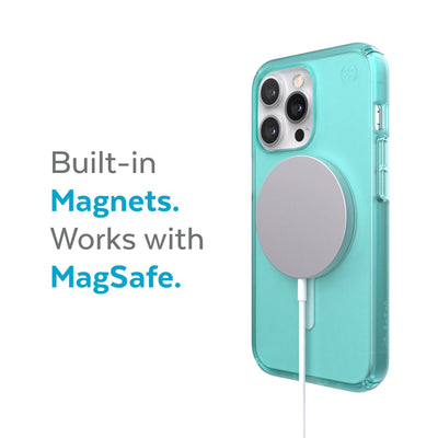 Three-quarter view of back of phone case with MagSafe charger attached - Built-in magnets. Works with MagSafe.#color_fantasy-teal