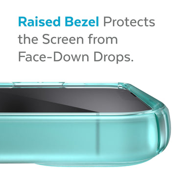 View of top of phone case laying on its back - Raised bezel protects the screen from face-down drops.#color_fantasy-teal