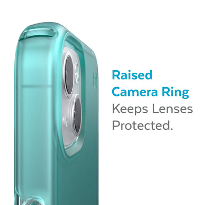 Slightly tilted view of side of phone case showing phone cameras - Raised camera ring keeps lenses protected.#color_fantasy-teal