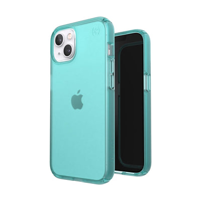 Three-quarter view of back of phone case simultaneously shown with three-quarter front view of phone case#color_fantasy-teal