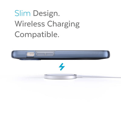 Side view of phone case over wireless charger - Slim design. Wireless charging compatible.#color_coastal-blue