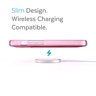 Side view of phone case over wireless charger - Slim design. Wireless charging compatible.#color_icy-pink