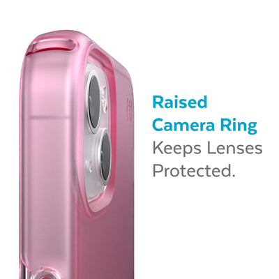 Slightly tilted view of side of phone case showing phone cameras - Raised camera ring keeps lenses protected.#color_icy-pink