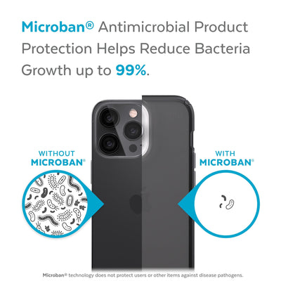 Back view, half without case, other with case, less germs on case - Microban antimicrobial product protection helps reduce bacteria growth up to 99%.#color_obsidian