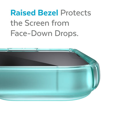 View of top of phone case laying on its back - Raised bezel protects the screen from face-down drops.#color_fantasy-teal