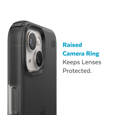 Slightly tilted view of side of phone case showing phone cameras - Raised camera ring keeps lenses protected.#color_obsidian