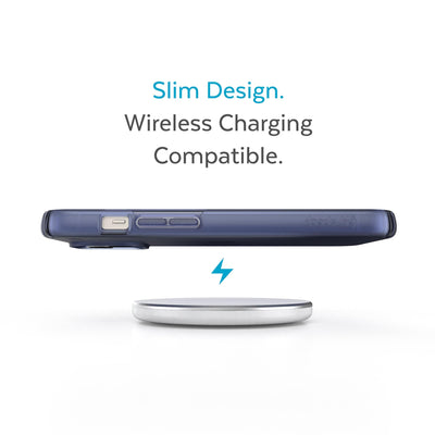 Side view of phone case hovering above a wireless charger - Slim design. Wireless charging compatible.#color_coastal-blue