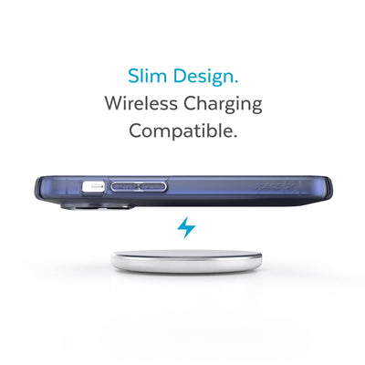 Side view of phone case hovering above a wireless charger - Slim design. Wireless charging compatible.#color_coastal-blue