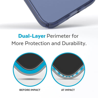 View of corner of phone case impacting ground with illustrations showing before and after impacat - Dual layer perimeter for more protection and durability.#color_coastal-blue