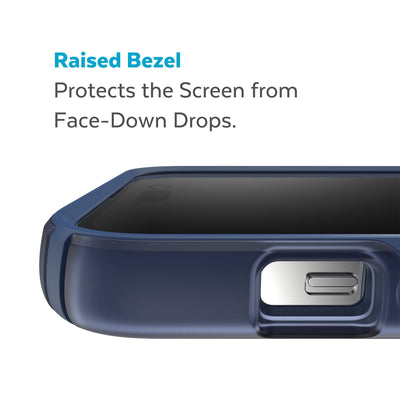 View of top of phone case laying on its back - Raised bezel protects the screen from face-down drops.#color_coastal-blue