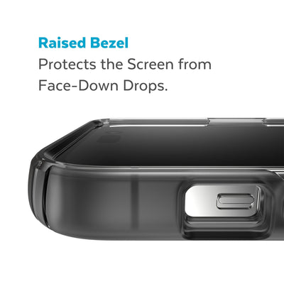 View of top of phone case laying on its back - Raised bezel protects the screen from face-down drops.#color_obsidian