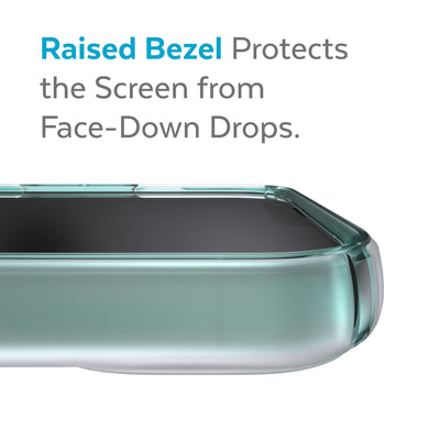 View of top of phone case laying on its back - Raised bezel protects the screen from face-down drops.#color_arctic-teal-fade