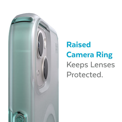 Slightly tilted view of side of phone case showing phone cameras - Raised camera ring keeps lenses protected.#color_arctic-teal-fade