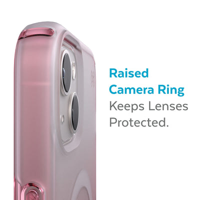 Slightly tilted view of side of phone case showing phone cameras - Raised camera ring keeps lenses protected.#color_cosmo-pink-fade