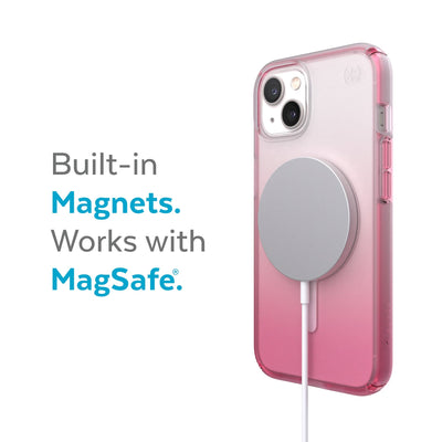 Three-quarter view of back of phone case with MagSafe charger attached - Built-in magnets. Works with MagSafe.#color_cosmo-pink-fade