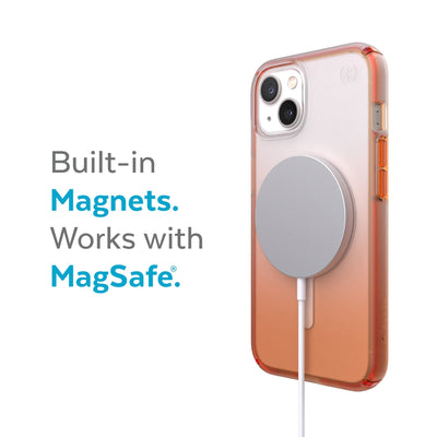 Three-quarter view of back of phone case with MagSafe charger attached - Built-in magnets. Works with MagSafe.#color_orange-soda-fade