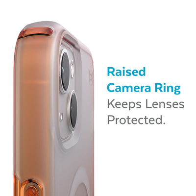 Slightly tilted view of side of phone case showing phone cameras - Raised camera ring keeps lenses protected.#color_orange-soda-fade