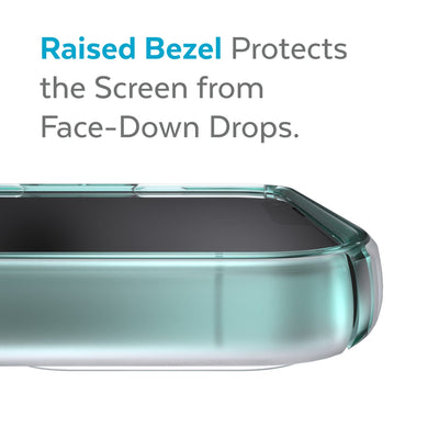 View of top of phone case laying on its back - Raised bezel protects the screen from face-down drops.#color_arctic-teal-fade