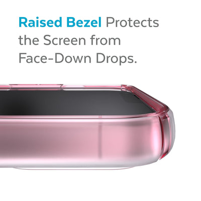 View of top of phone case laying on its back - Raised bezel protects the screen from face-down drops.#color_cosmo-pink-fade