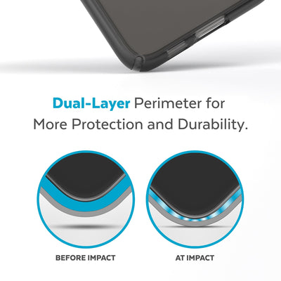 View of corner of phone case impacting ground with illustrations showing before and after impact - Dual layer perimeter for more protection and durability.