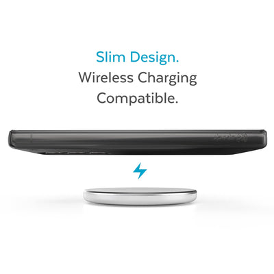Side view of phone case hovering above a wireless charger - Slim design. Wireless charging compatible.
