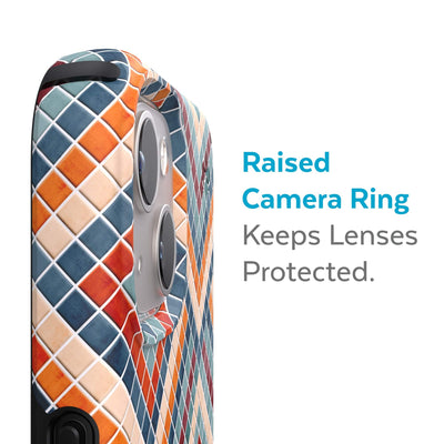 Slightly tilted view of side of phone case showing phone cameras - Raised camera ring keeps lenses protected.#color_tiles-are-forever