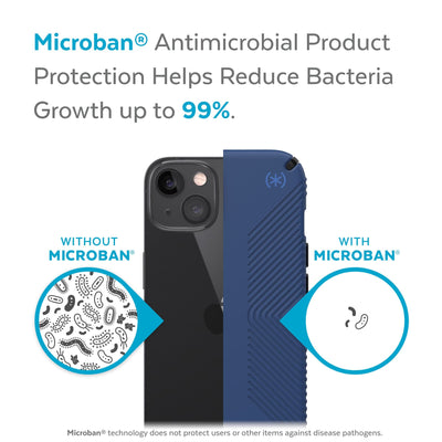 Back view, half without case, other with case, less germs on case - Microban antimicrobial product protection helps reduce bacteria growth up to 99%.#color_coastal-blue-black-storm-blue