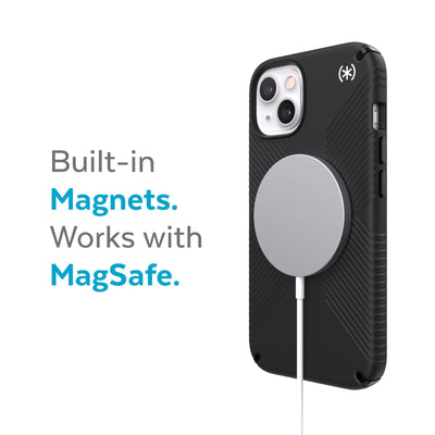 Three-quarter view of back of phone case with MagSafe charger attached - Built-in magnets. Works with MagSafe.#color_black-black-white