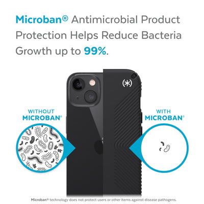 Back view, half without case, other with case, less germs on case - Microban antimicrobial product protection helps reduce bacteria growth up to 99%.#color_black-black-white