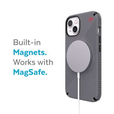 Three-quarter view of back of phone case with MagSafe charger attached - Built-in magnets. Works with MagSafe.#color_graphite-grey-black-bold-red