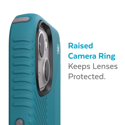 Slightly tilted view of side of phone case showing phone cameras - Raised camera ring keeps lenses protected.#color_deep-sea-teal-cloudy-grey-white