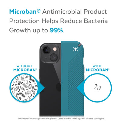 Back view, half without case, other with case, less germs on case - Microban antimicrobial product protection helps reduce bacteria growth up to 99%.#color_deep-sea-teal-cloudy-grey-white