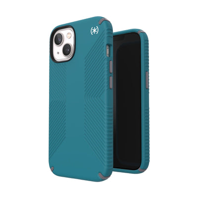 Three-quarter view of back of phone case simultaneously shown with three-quarter front view of phone case#color_deep-sea-teal-cloudy-grey-white