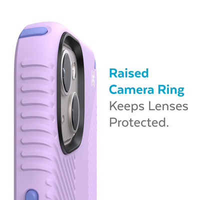 Slightly tilted view of side of phone case showing phone cameras - Raised camera ring keeps lenses protected.#color_spring-purple-grounded-purple-white
