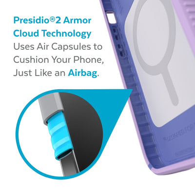 View of interior of phone case with close up on cutaway of side wall - Presidio2 Armor Cloud Technology uses air capsules to cushion your phone, just like an airbag.#color_spring-purple-grounded-purple-white