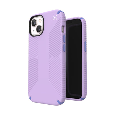 Three-quarter view of back of phone case simultaneously shown with three-quarter front view of phone case#color_spring-purple-grounded-purple-white