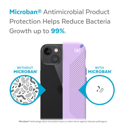 Back view, half without case, other with case, less germs on case - Microban antimicrobial product protection helps reduce bacteria growth up to 99%.#color_spring-purple-grounded-purple-white