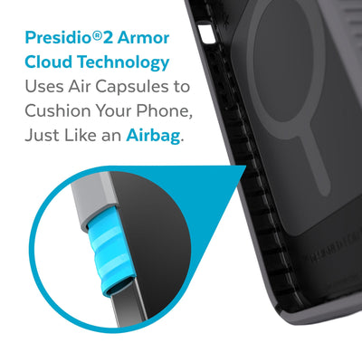 View of interior of phone case with close up on cutaway of side wall - Presidio2 Armor Cloud Technology uses air capsules to cushion your phone, just like an airbag.#color_graphite-grey-black-bold-red