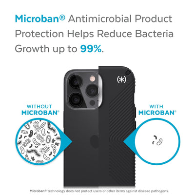 Back view, half without case, other with case, less germs on case - Microban antimicrobial product protection helps reduce bacteria growth up to 99%.#color_black-black-white