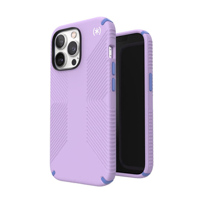 Three-quarter view of back of phone case simultaneously shown with three-quarter front view of phone case#color_spring-purple-grounded-purple-white