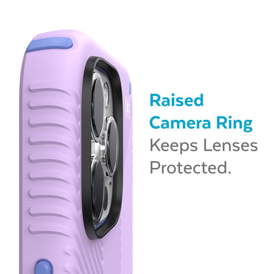 Slightly tilted view of side of phone case showing phone cameras - Raised camera ring keeps lenses protected.#color_spring-purple-grounded-purple-white