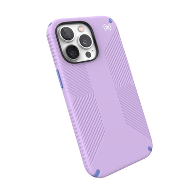 Tilted three-quarter angled view of back of phone case#color_spring-purple-grounded-purple-white