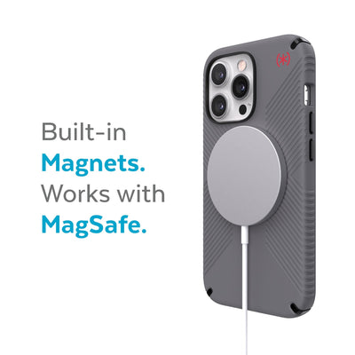 Three-quarter view of back of phone case with MagSafe charger attached - Built-in magnets. Works with MagSafe.#color_graphite-grey-black-bold-red